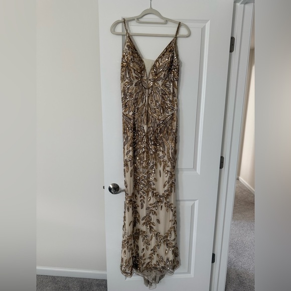 Mac Duggal Gold and Cream Embellished Prom Dress - mordernwear.com